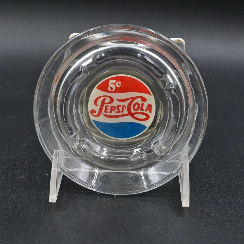 Pepsi-Cola Glass Ashtray 5 Cent Logo Clear Round Soda Advertising Vintage
